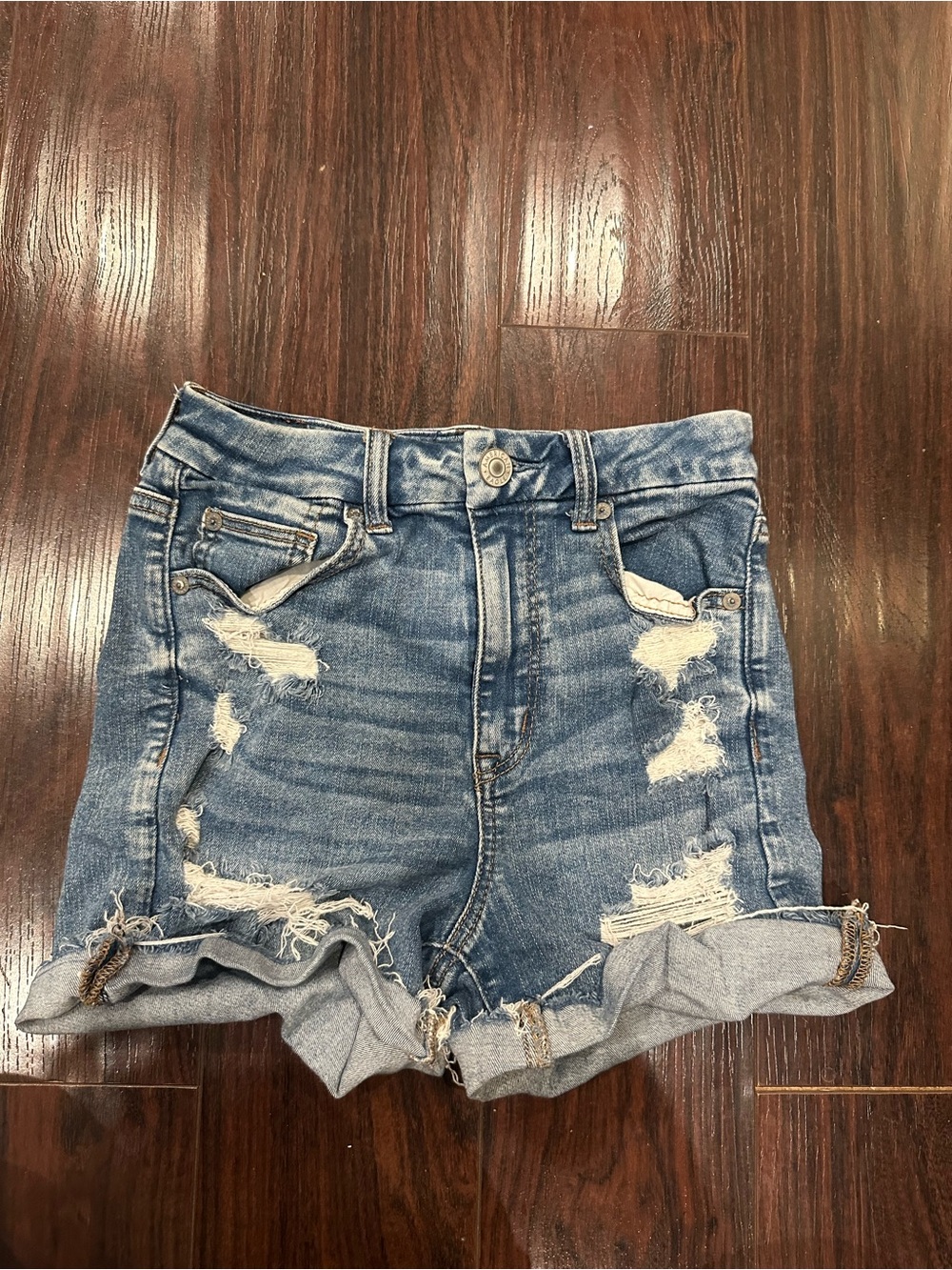 American Eagle Outfitters Distressed Denim Roll-Cuff Shorts - Blue